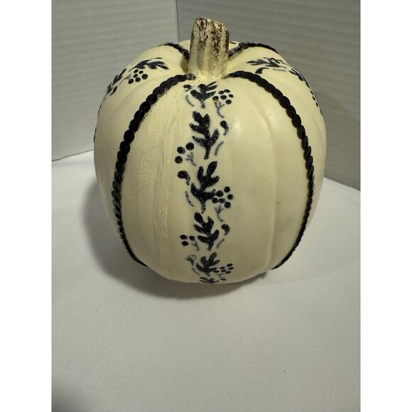 Styrofoam Decorated Pumpkin Neutral Fall Decor w/ Navy Leaf Design - Picture 4 of 8